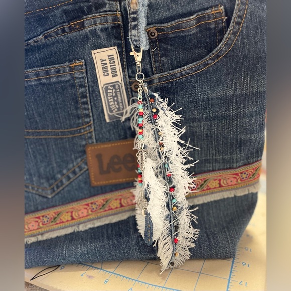 Boho chic purse,bag feathers tassel dangle charm,long tassel,Denim feather charm - Picture 4 of 6